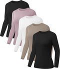 Women's Long Sleeve Basic Tops 5 Pack - Crew Neck, Slim Fitted Base Layer Shirts for Layering and Work - 2 Black 1 White
