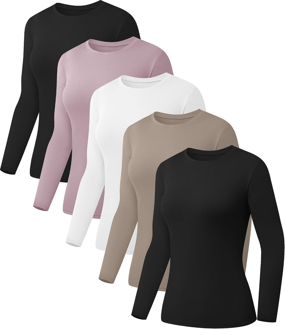 Women's Long Sleeve Basic Tops 5 Pack - Crew Neck, Slim Fitted Base Layer Shirts for Layering and Work - 2 Black 1 White