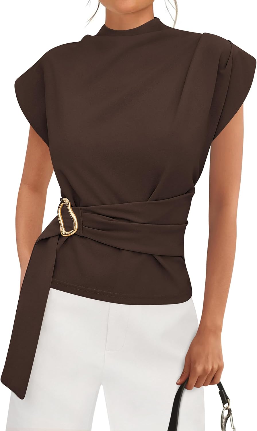Women's Mock Neck Blouse - Cap Sleeves, Buckle Belt Detail and Back Zip for Business Casual Office Days - Medium
