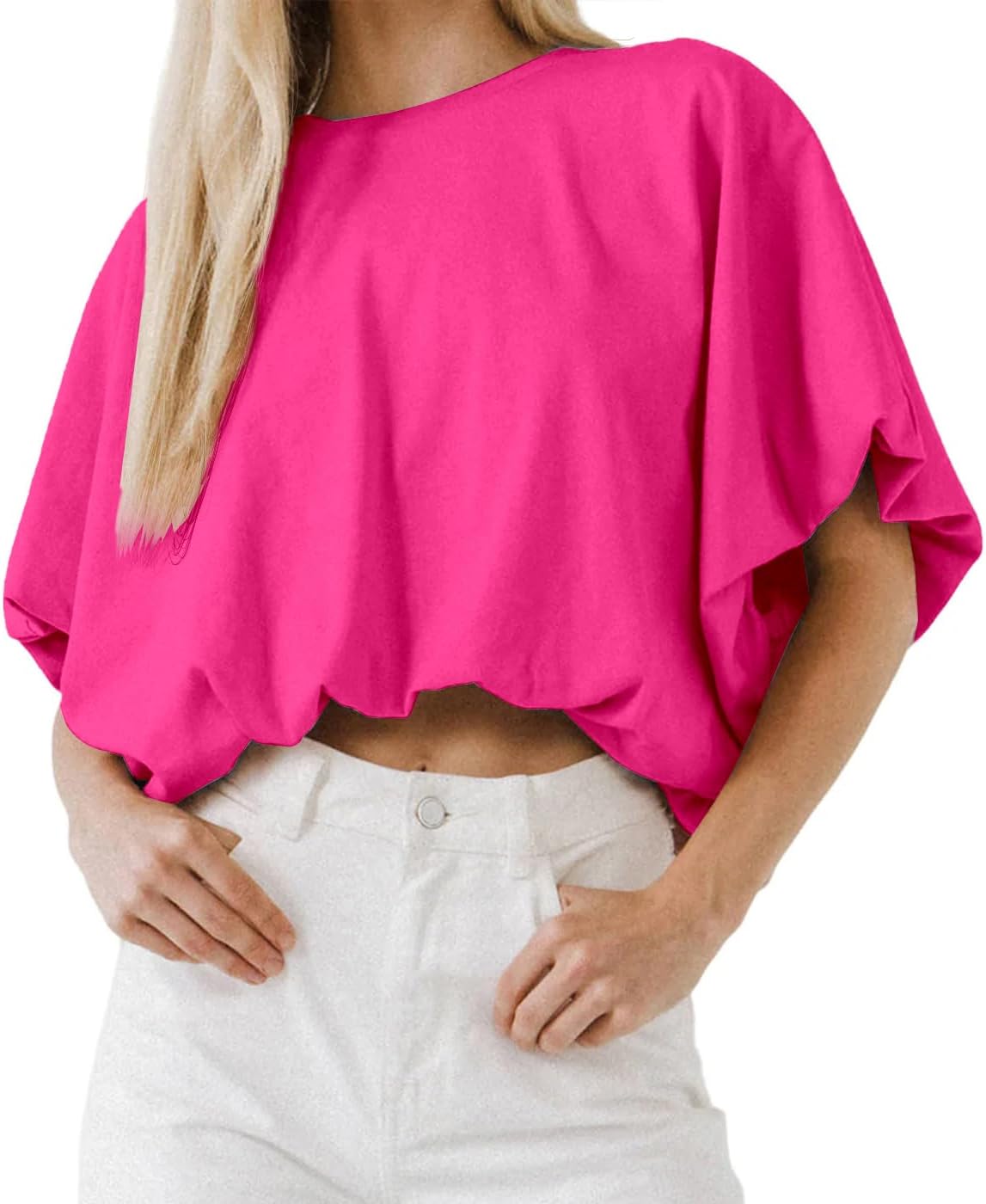 Women's Cropped T-Shirt - Crew Neck, Short Sleeves, Loose Casual Cut for Summer Days and High Waist Jeans - Small