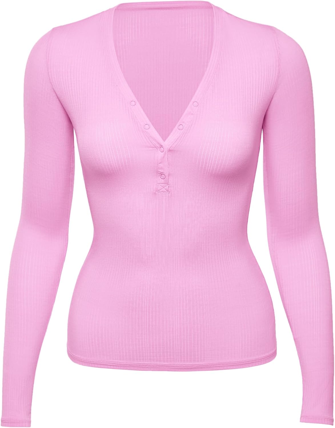 Women's Modal Ribbed Henley Top - Long Sleeve, Plunge Button Placket, Body Hugging Fit for Lounging - Small