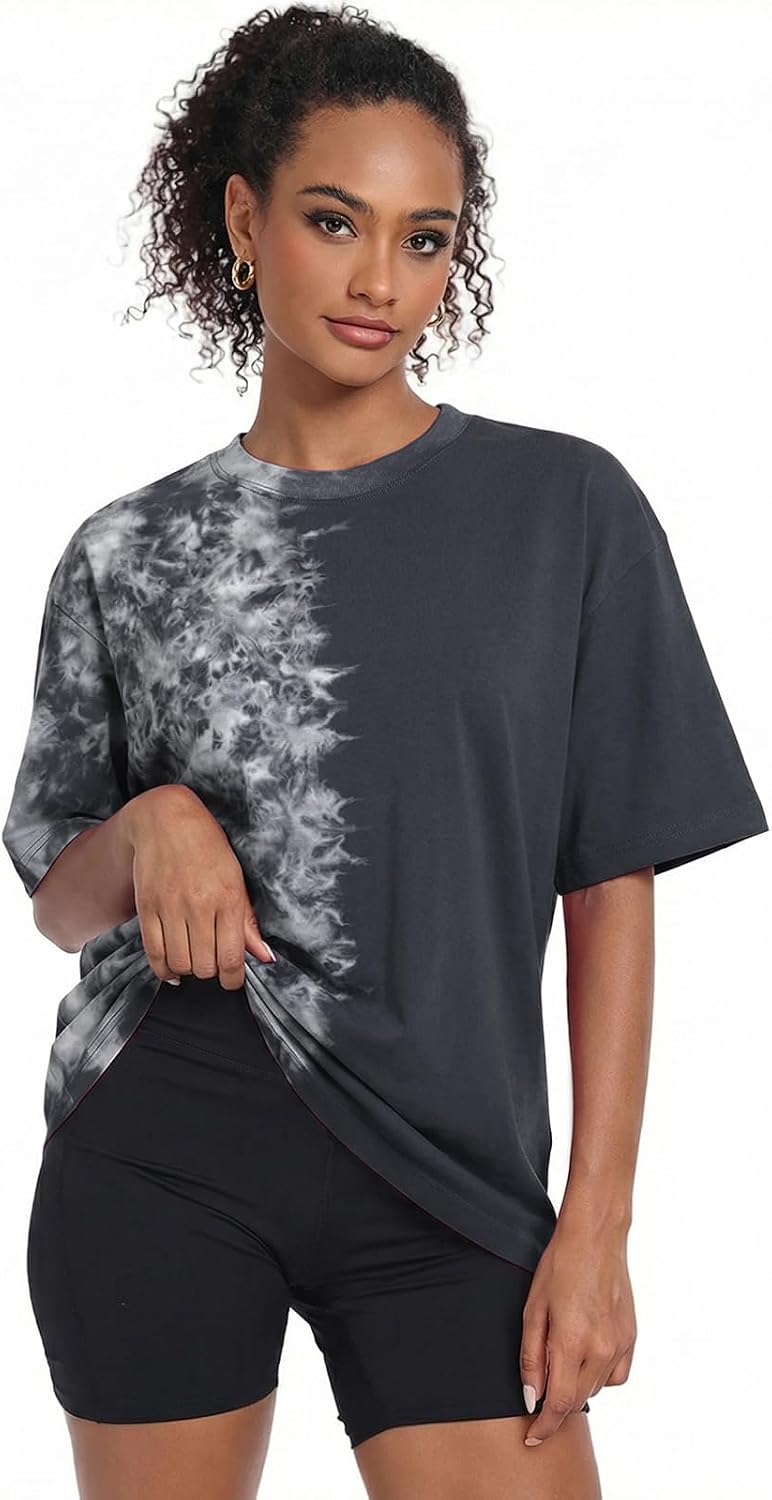 Women's Acid Wash Oversized T-Shirt - Baggy Boyfriend Cut, Cotton Short Sleeve Tee for Gym and Street Wear - Medium