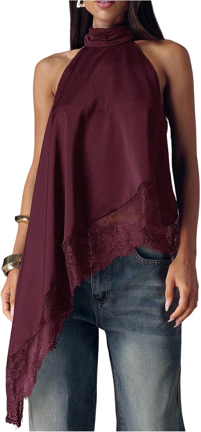 Women's Lace Halter Neck Top - Asymmetrical Hem, Sleeveless Flowy Cut for Date Night and Concerts - Small