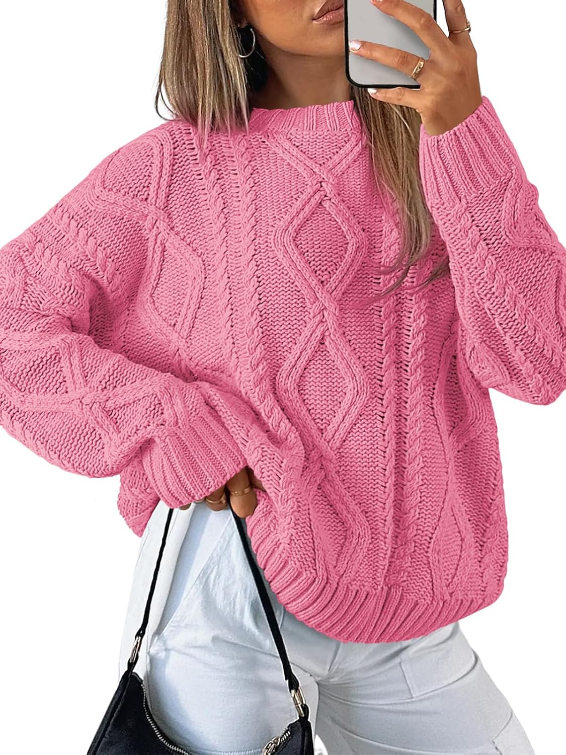 Women's Oversized Cable Knit Sweater - Chunky Knit Texture, Drop Shoulders, Pullover for Fall Layering - Small