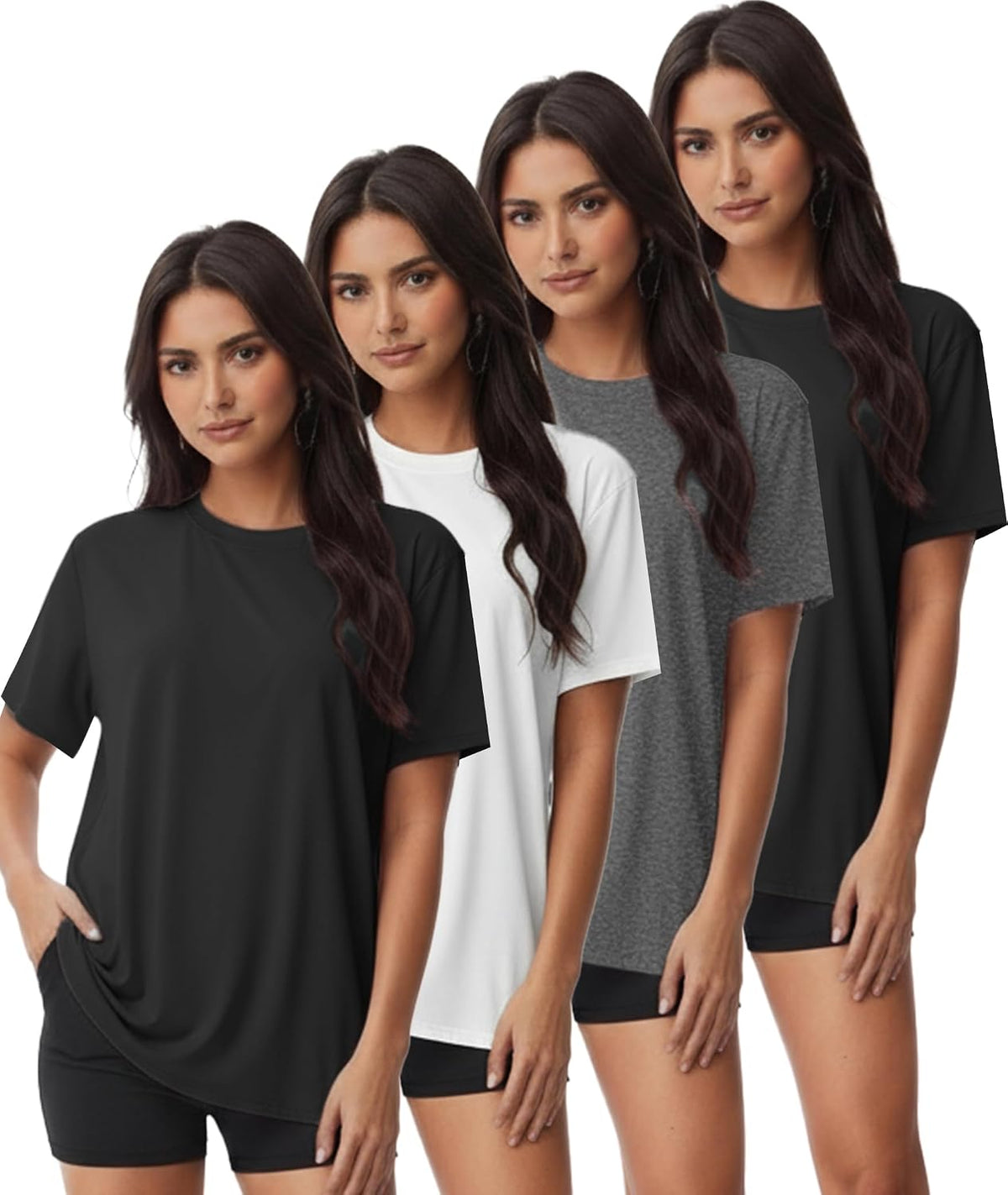 Women's Basic Workout Tees 4 Pack - Crew Neck, Loose Fit Short Sleeve Tops for Gym and Daily Wear - Small
