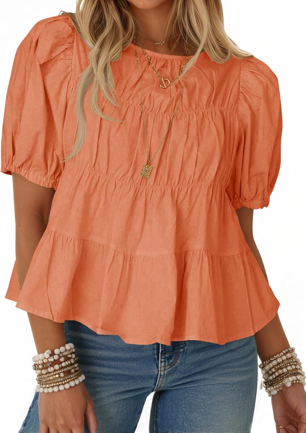 Women's Puff Sleeve Peplum Top - Pleated Babydoll Cut, Short Sleeve Cotton Blouse for Summer Outings - Mint Green (19)