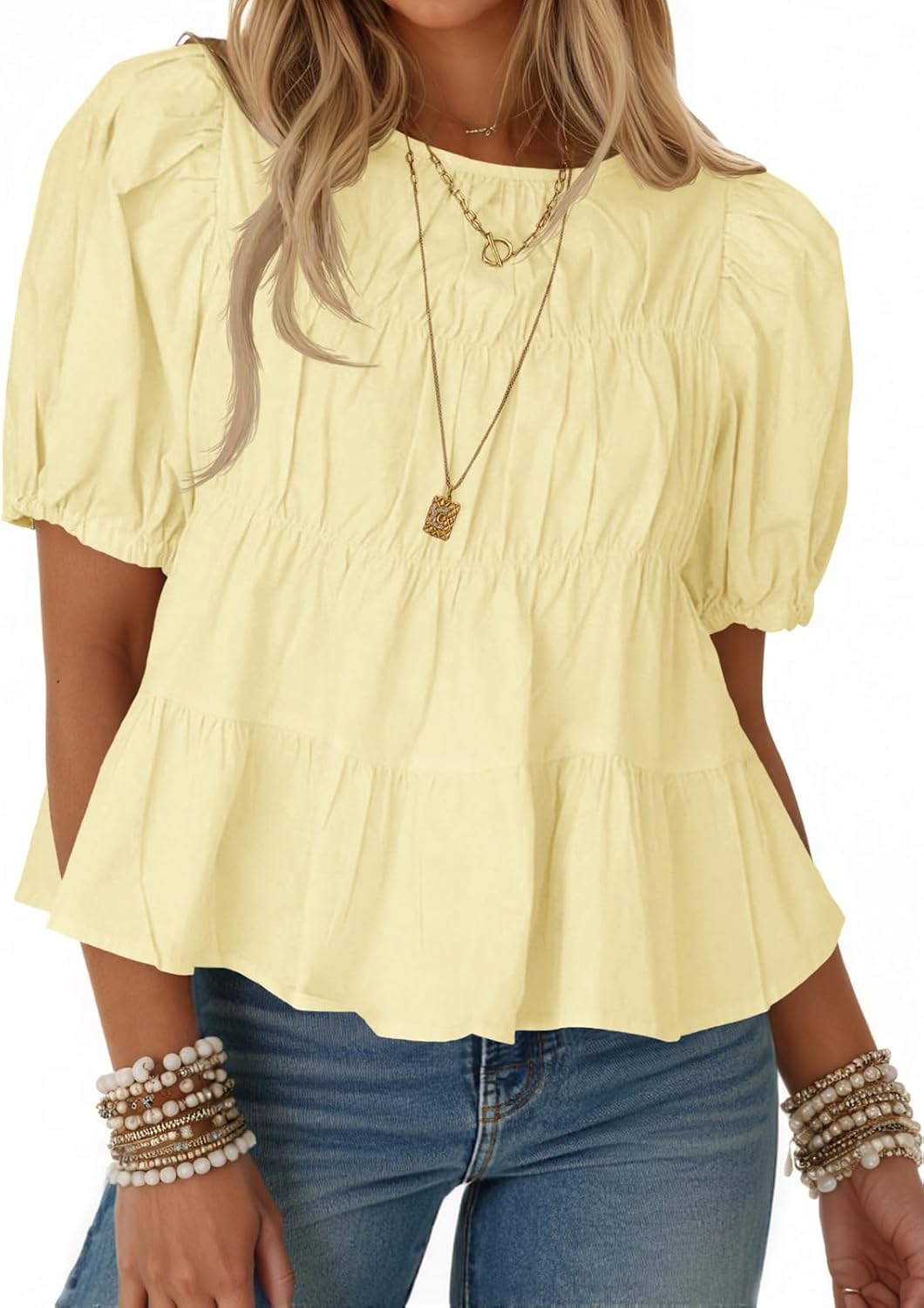 Women's Puff Sleeve Peplum Top - Pleated Babydoll Cut, Short Sleeve Cotton Blouse for Summer Outings - Mint Green