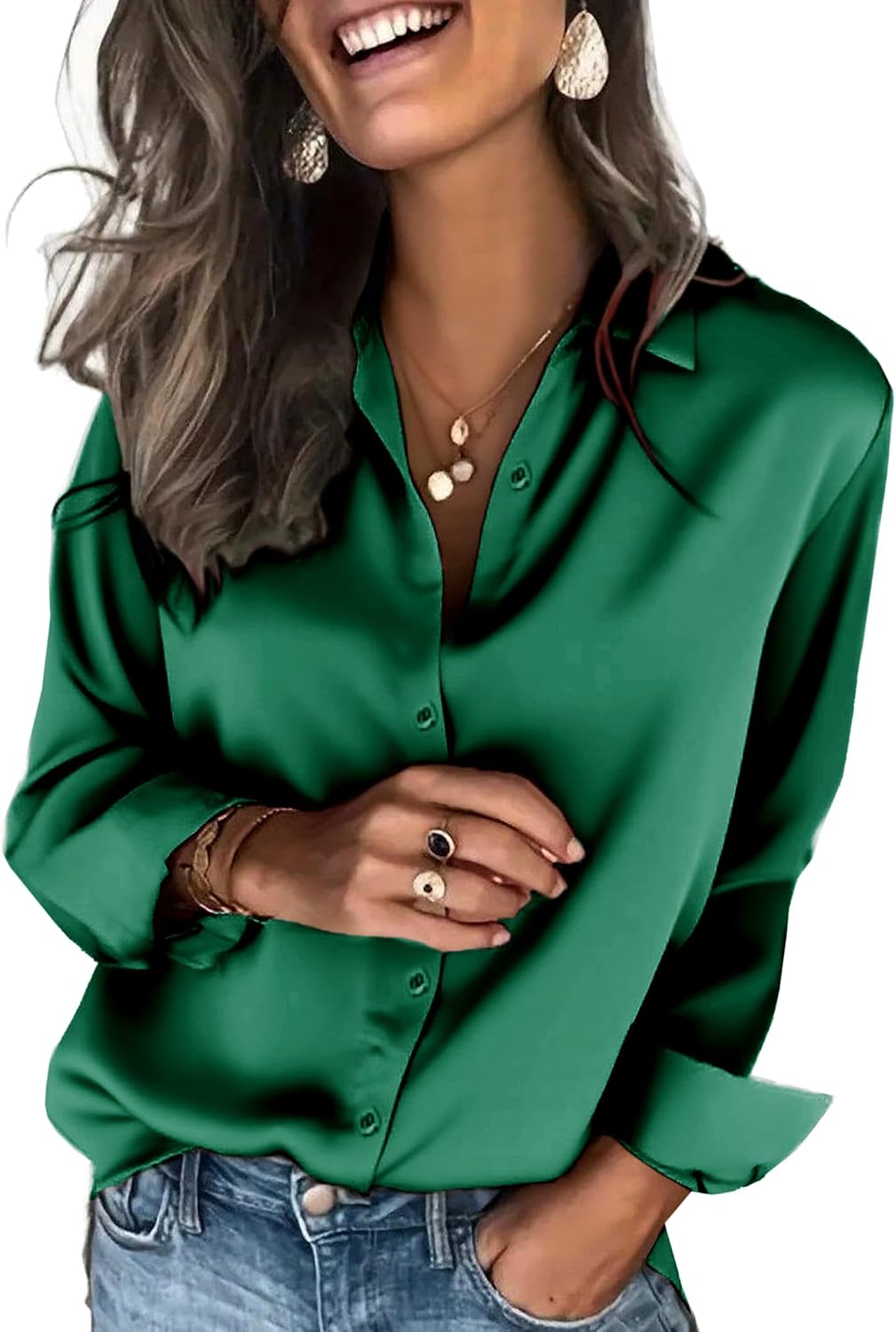 Women's Satin Button Down Blouse - Long Sleeves, Silky Drape, Business Casual Shirt for the Office - Metro Flow (19)