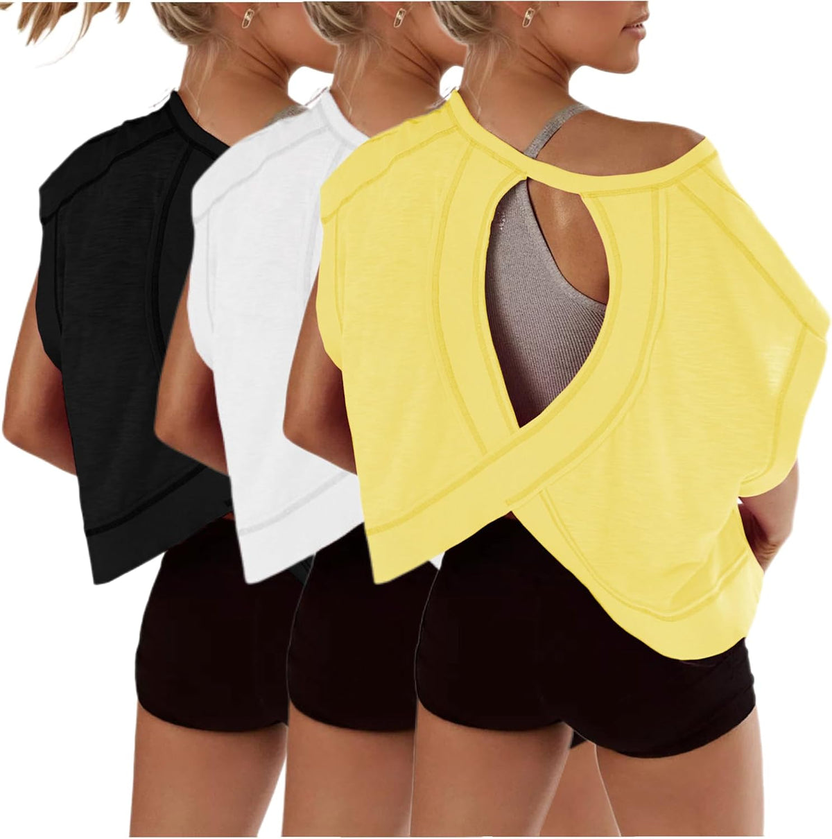 Women's Open Back Crop Tops 3 Pack - Short Sleeve Athletic Tees for Gym, Yoga and Running Sessions - Black&white&coral