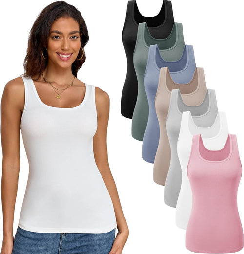 Women's Basic Tank Tops 7 Pack - Scoop Neck, Wide Straps, Stretch Fitted Layering Camis for Daily Wear - Small