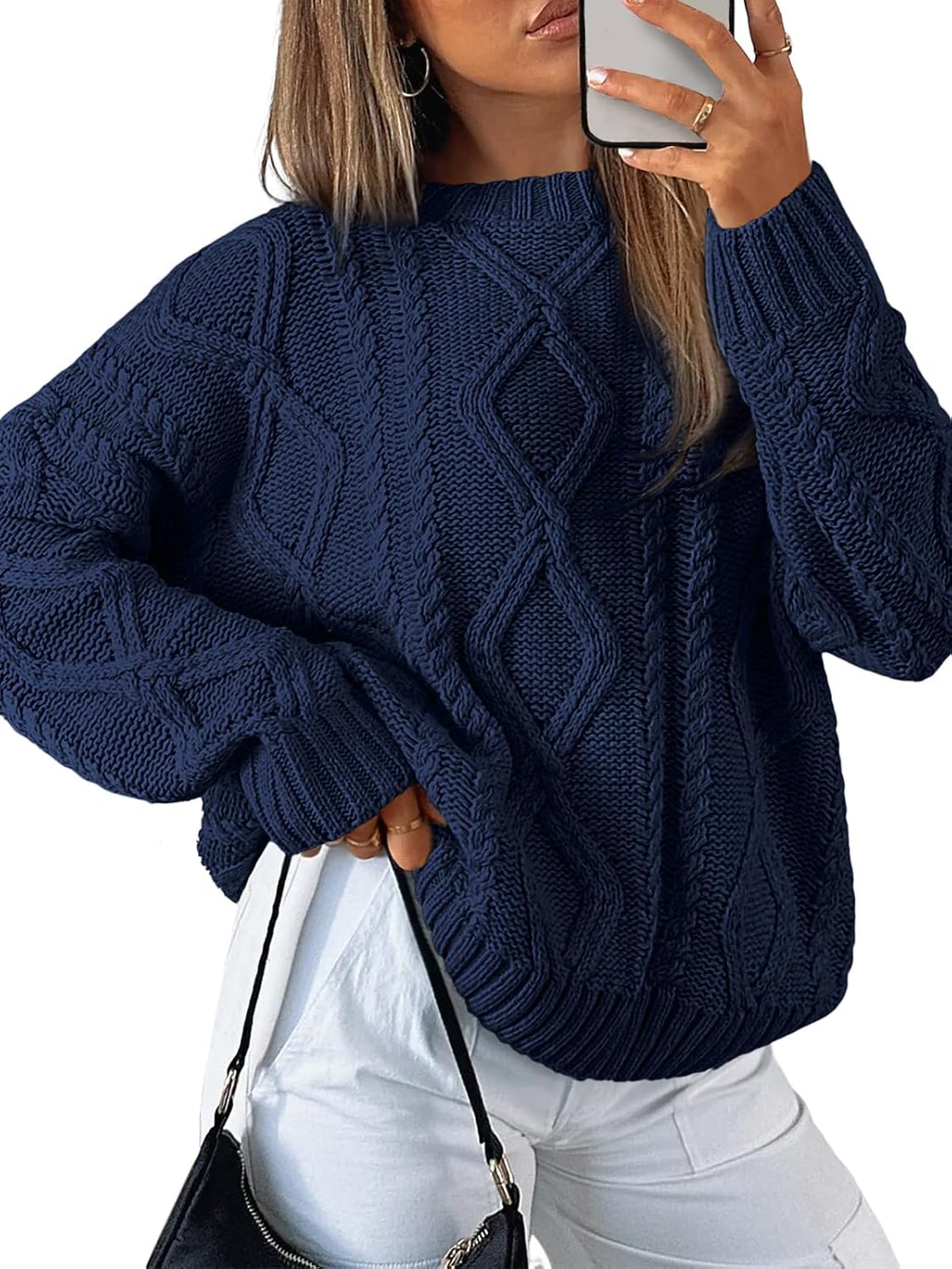Women's Oversized Cable Knit Sweater - Chunky Knit Texture, Drop Shoulders, Pullover for Fall Layering - Medium
