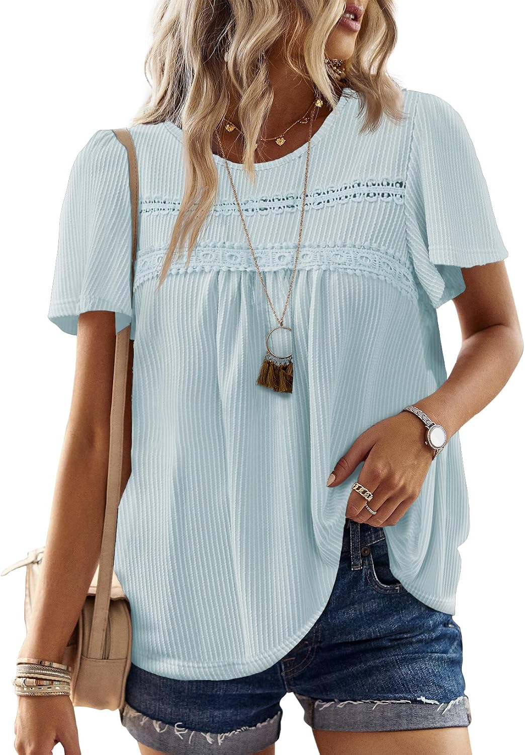 Women's Boho Ribbed Short Sleeve Top - Crochet Lace Trim, Flowy Loose Fit in Sizes XS to 5XL - Apricot