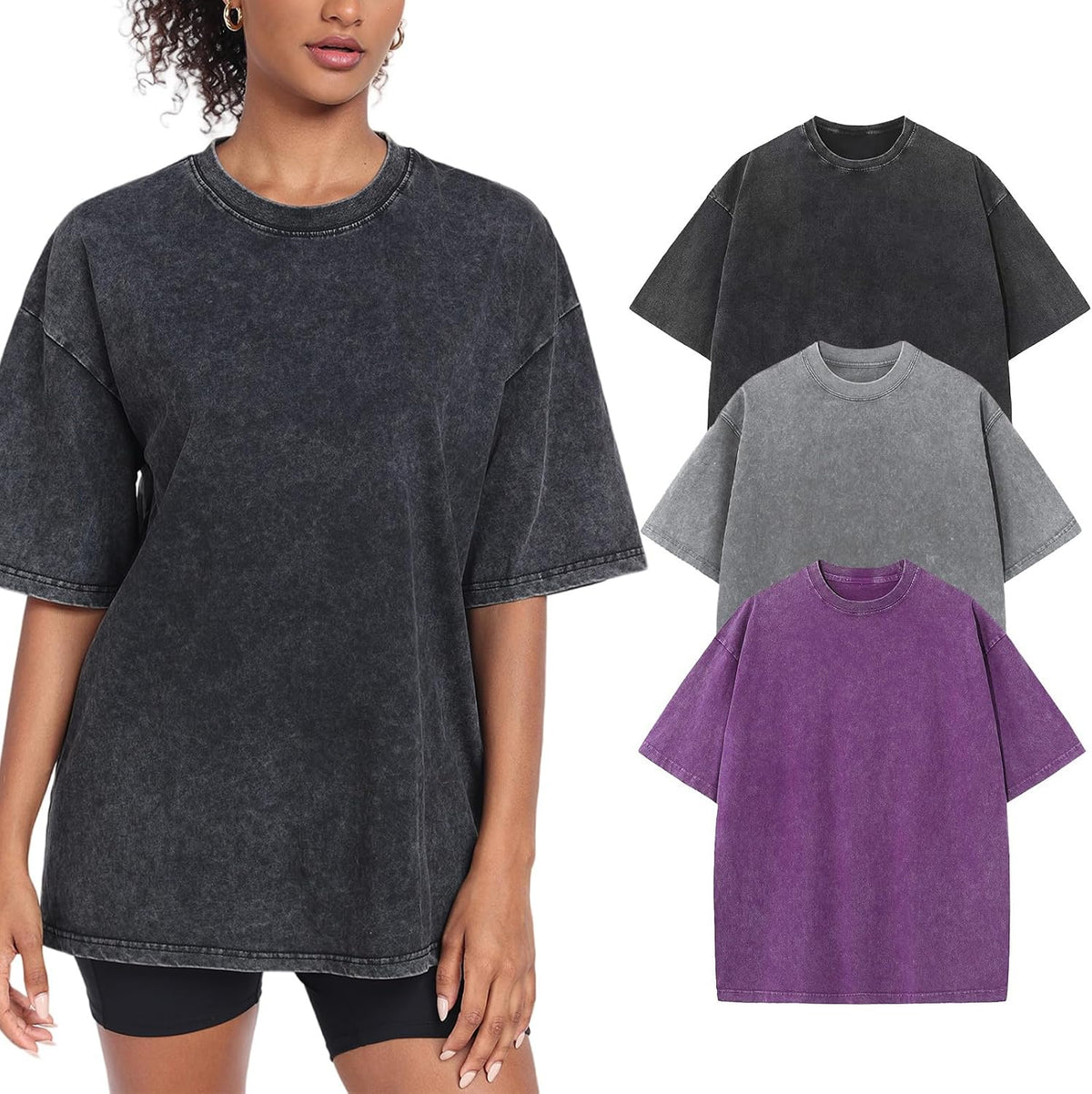 Women's Washed Vintage Oversized T-Shirt - Baggy Cotton Boyfriend Tee, Short Sleeve Street Wear Top - Small