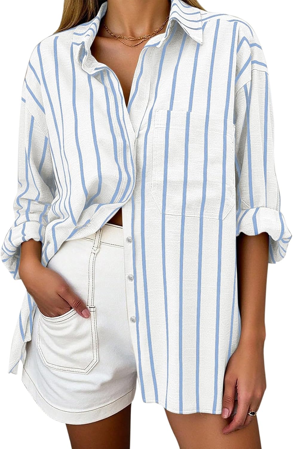 Women's Oversized Linen Blend Shirt - Striped, Long Sleeve Button Down with a Chest Pocket for Beach Days - Small