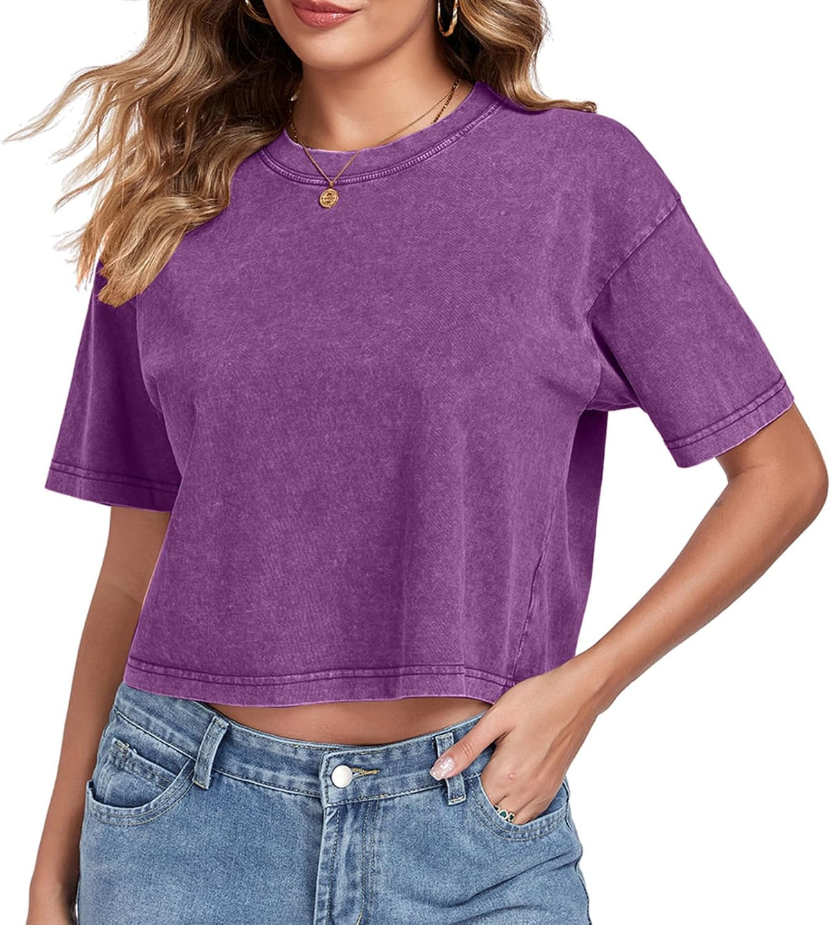 Women's Acid Wash Crop Tops - Round Neck, Short Sleeve Baggy Tees Sold Singly or in Colour Sets - Beige/Army Green/Black