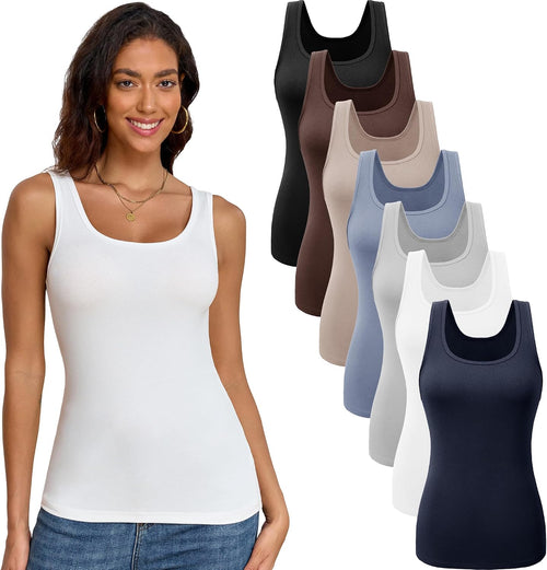 Women's Basic Tank Tops 7 Pack - Scoop Neck, Wide Straps, Stretch Fitted Layering Camis for Daily Wear - Small
