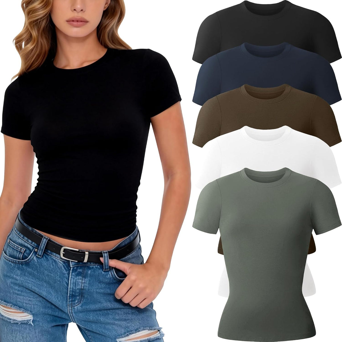 Women's Fitted Basic Tees 3 or 5 Pack - Crew Neck, Stretch Knit, Short Sleeve Tops for Layering and Gym - Small