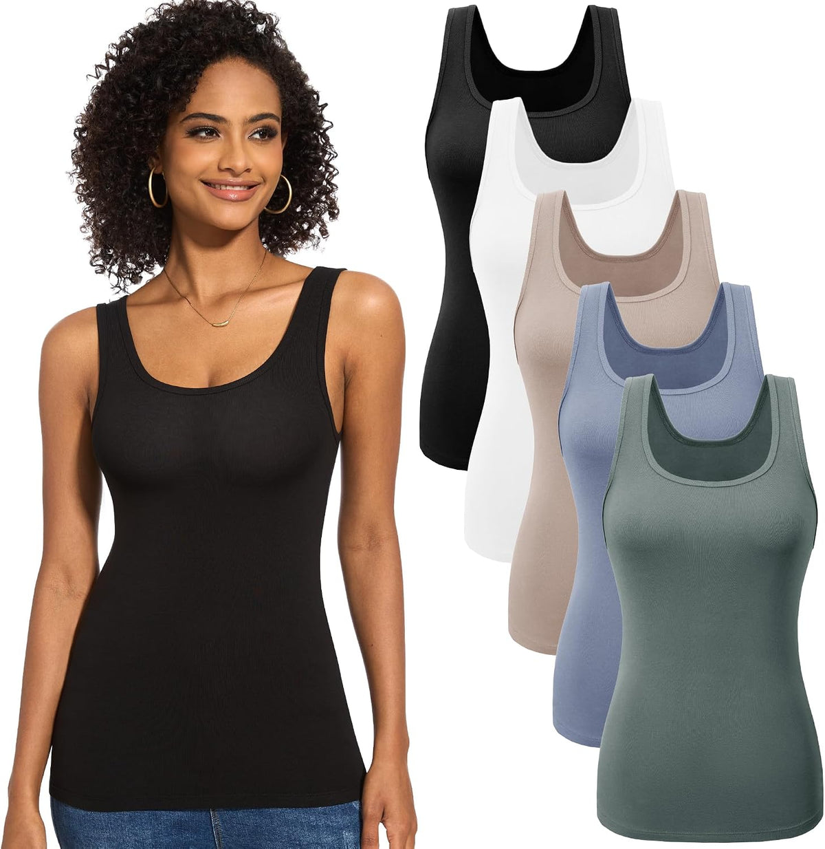 Women's Ribbed Tank Tops 5 Pack - Scoop Neck, Wide Straps, Stretch Fitted Layering Camis for Everyday Wear - Small