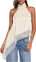 Women's Lace Halter Neck Top - Asymmetrical Hem, Sleeveless Flowy Cut for Date Night and Concerts - Small