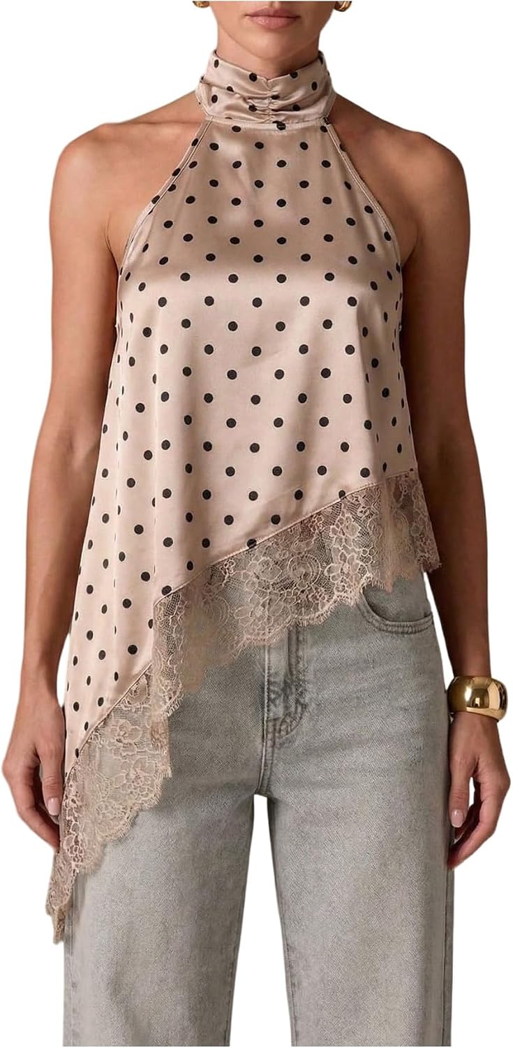 Women's Lace Halter Neck Top - Asymmetrical Hem, Sleeveless Flowy Cut for Date Night and Concerts - Small (13)