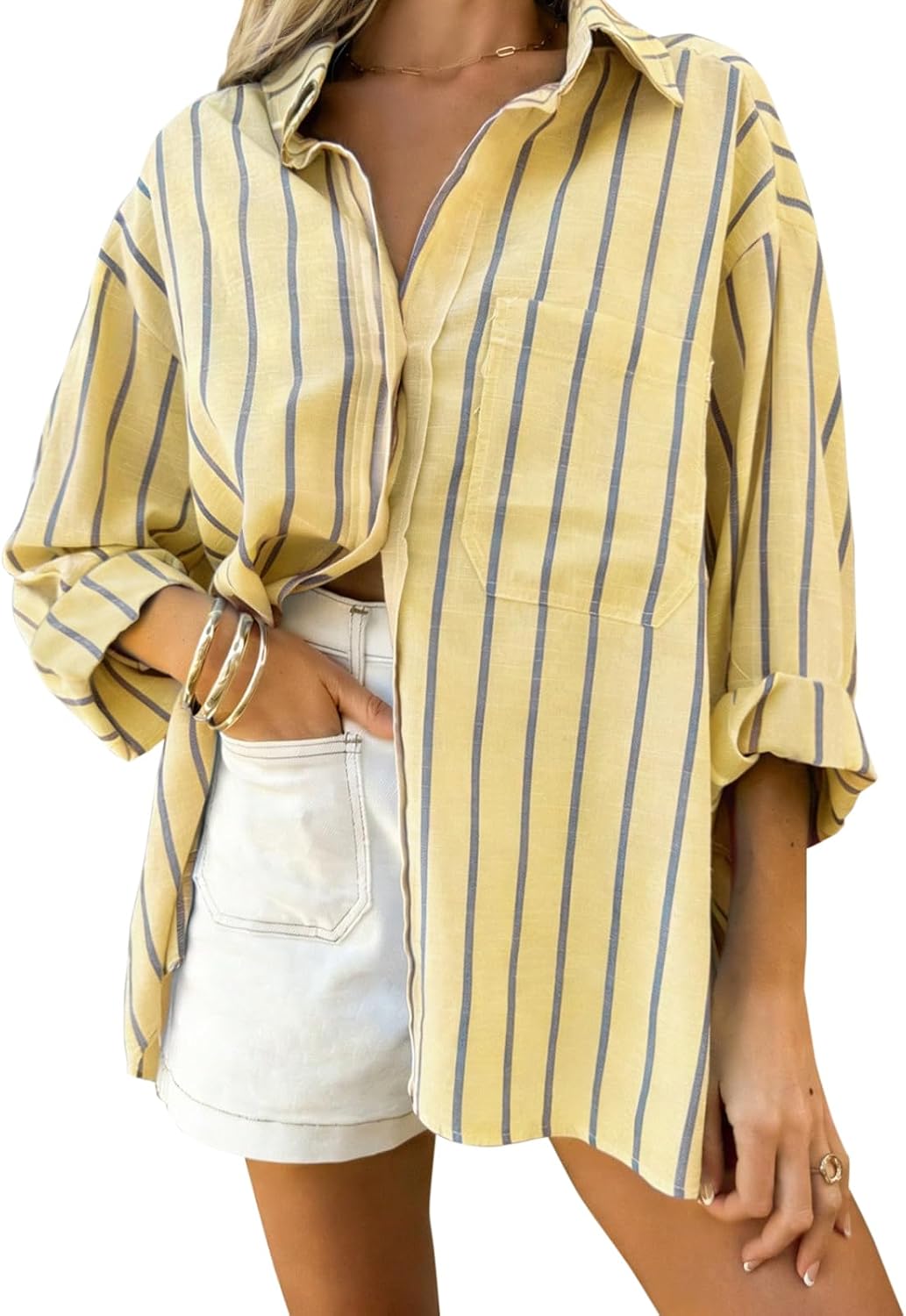 Women's Oversized Linen Blend Shirt - Striped, Long Sleeve Button Down with a Chest Pocket for Beach Days - Small