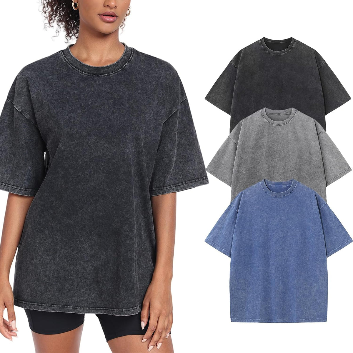 Women's Washed Vintage Oversized T-Shirt - Baggy Cotton Boyfriend Tee, Short Sleeve Street Wear Top - Medium