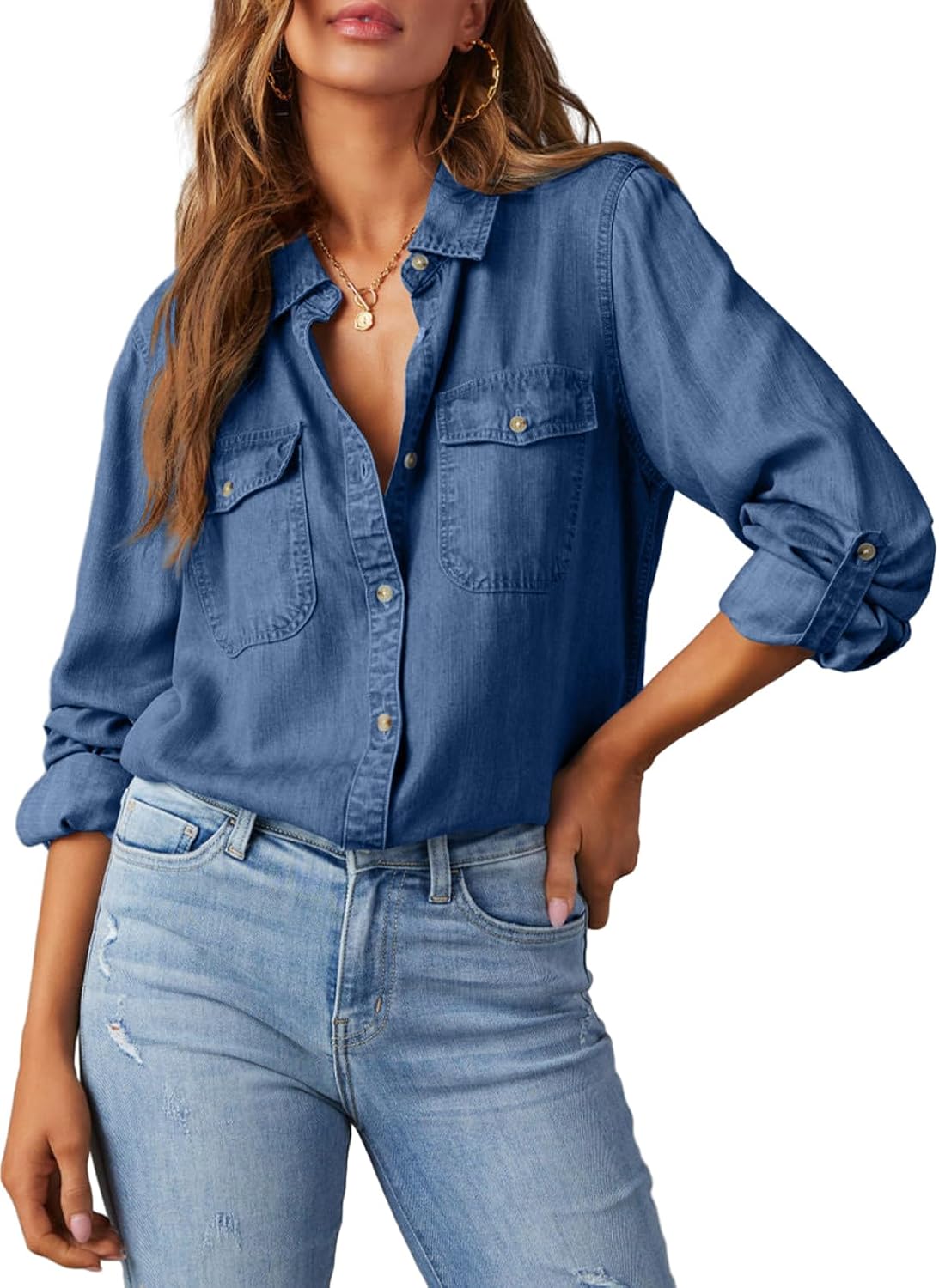 Women's Chambray Button Down Shirt - Long Sleeve, V Neckline, Soft Denim Blouse for Casual Workdays - Medium