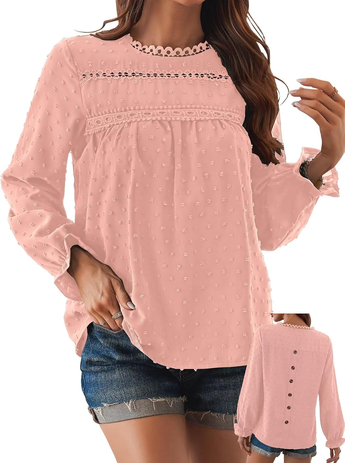 Women's Swiss Dot Ruffle Blouse - Long Sleeve Crew Neck, Eyelet Lace Trim, Flowy Fit in Sizes XS to 5XL - Medium