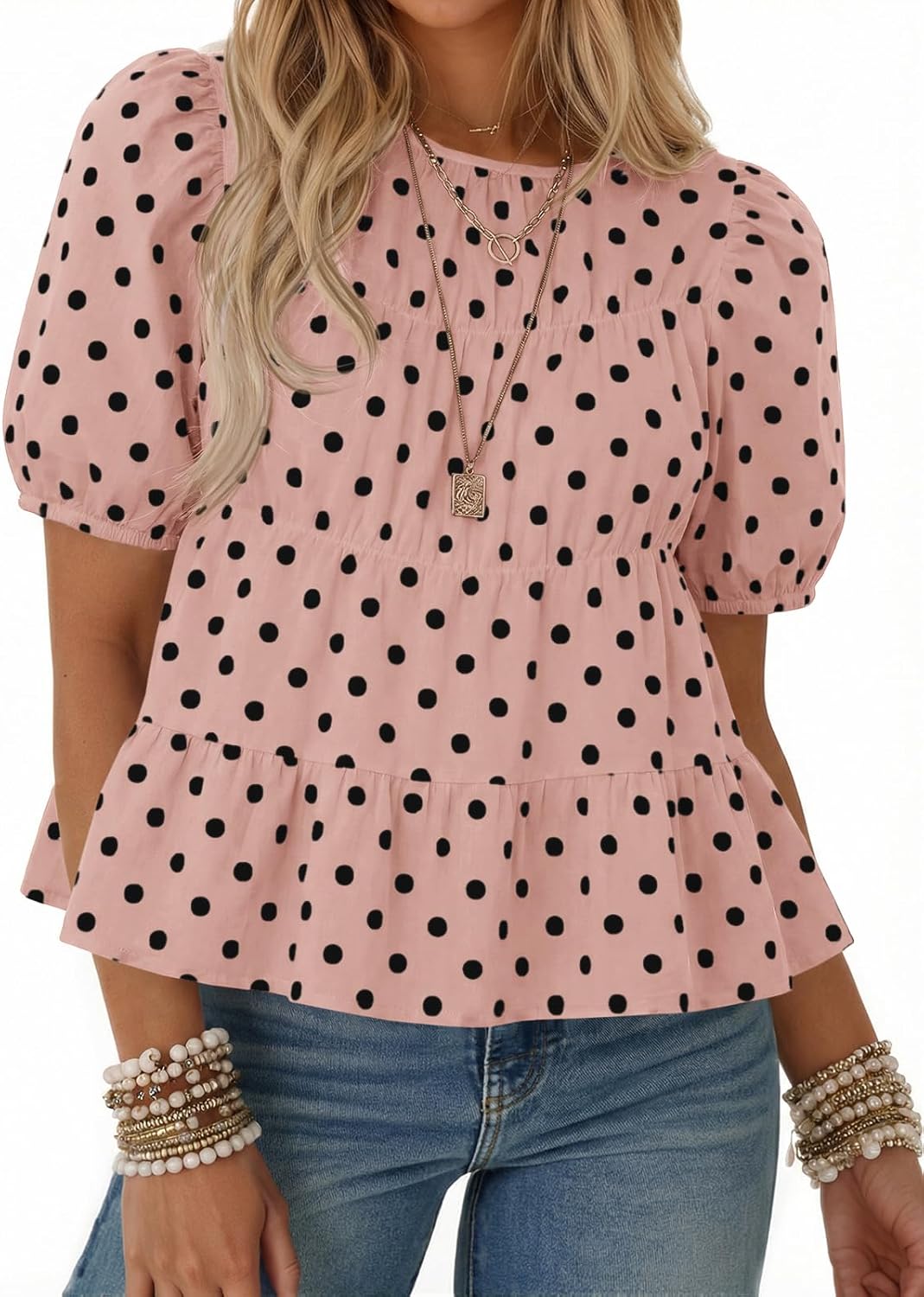 Women's Puff Sleeve Peplum Top - Pleated Babydoll Cut, Short Sleeve Cotton Blouse for Summer Outings - Mint Green