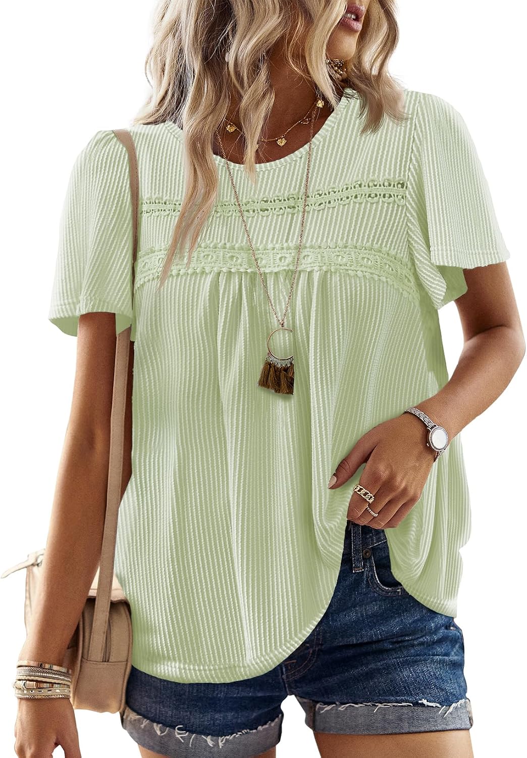 Women's Boho Ribbed Short Sleeve Top - Crochet Lace Trim, Flowy Loose Fit in Sizes XS to 5XL - Black