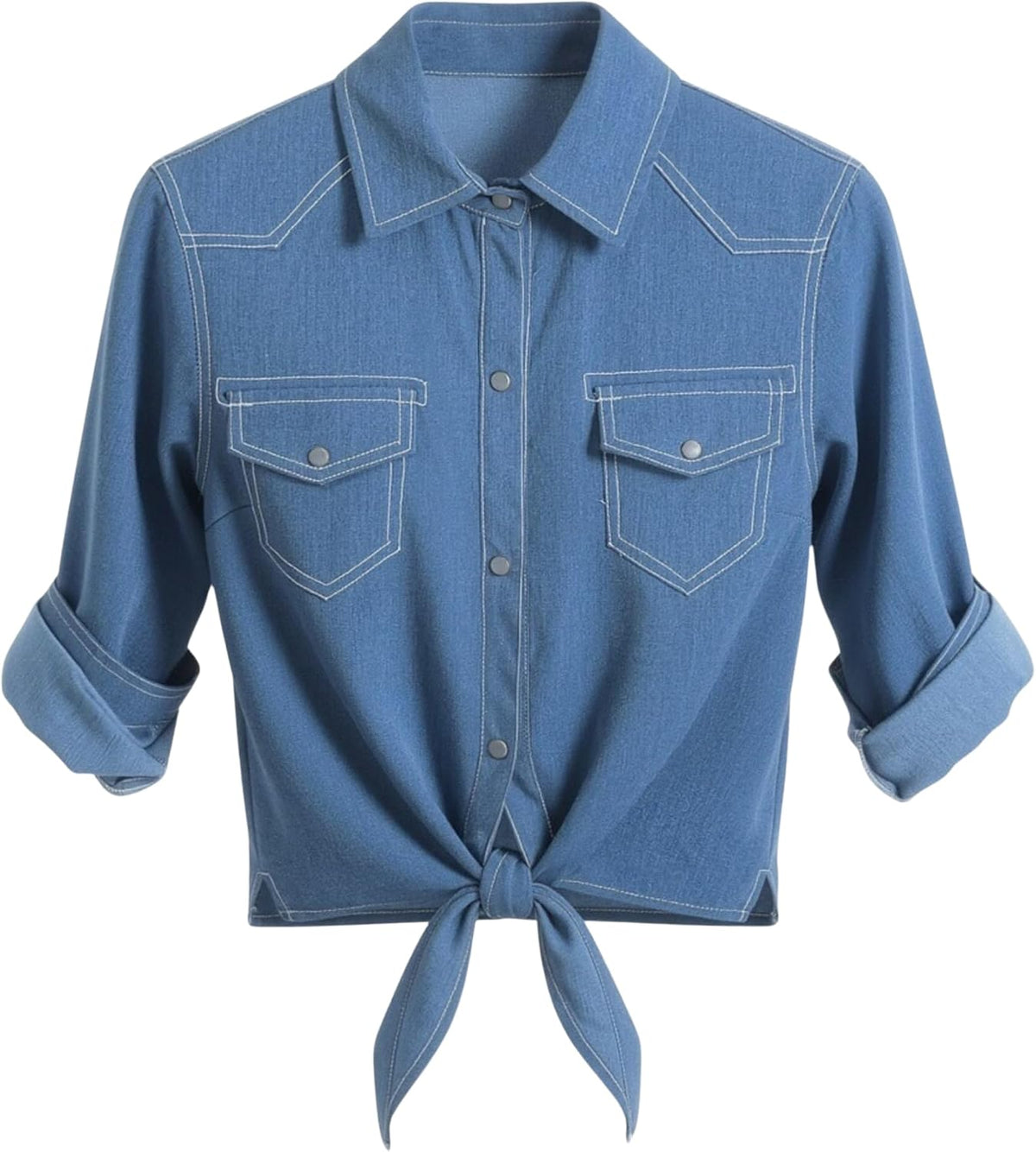 Women's Tie Front Denim Crop Shirt - Roll Up Three Quarter Sleeves, Chambray Button Down for Western Looks - Small