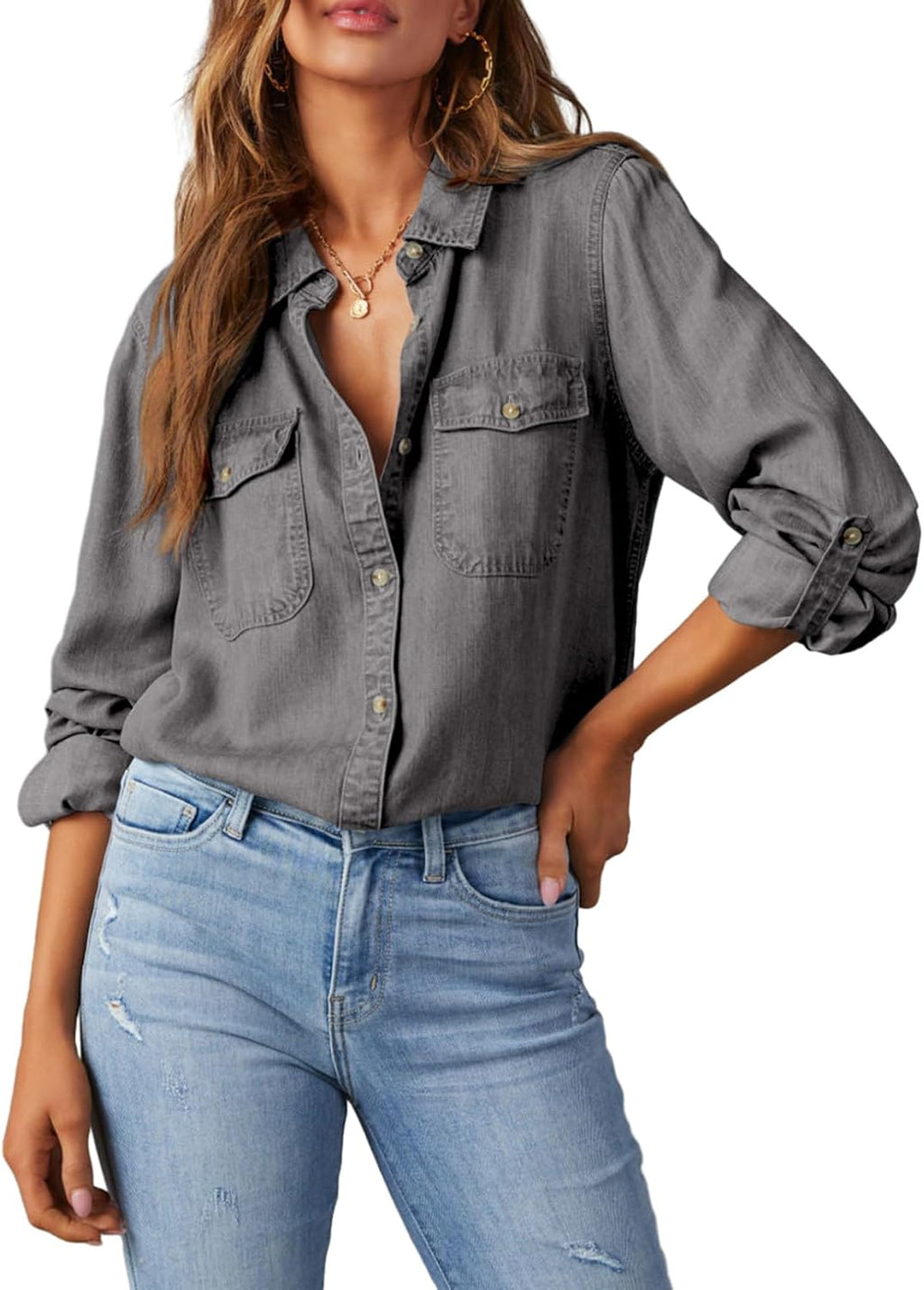 Women's Chambray Button Down Shirt - Long Sleeve, V Neckline, Soft Denim Blouse for Casual Workdays - Small