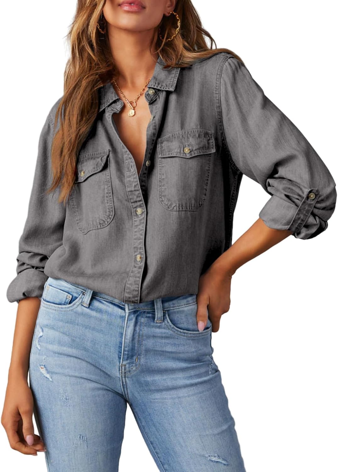 Women's Chambray Button Down Shirt - Long Sleeve, V Neckline, Soft Denim Blouse for Casual Workdays - Small
