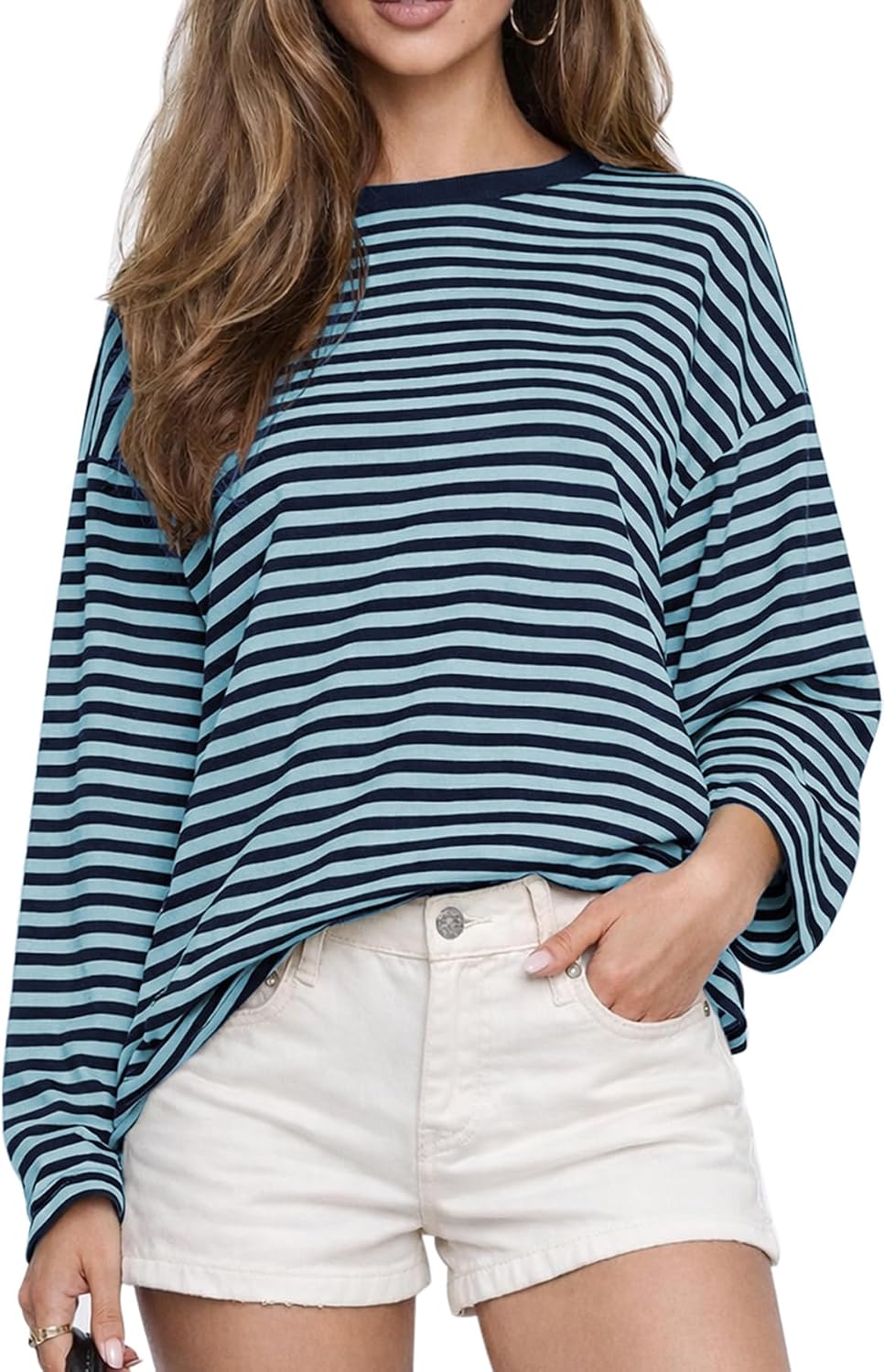 Women's Oversized Striped Long Sleeve Tee - Crew Neck, Contrast Stripe Knit, Relaxed Fall Top for Layering - Small (11)
