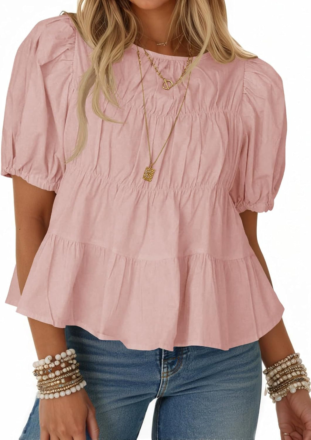 Women's Puff Sleeve Peplum Top - Pleated Babydoll Cut, Short Sleeve Cotton Blouse for Summer Outings - Navy Polka Dot