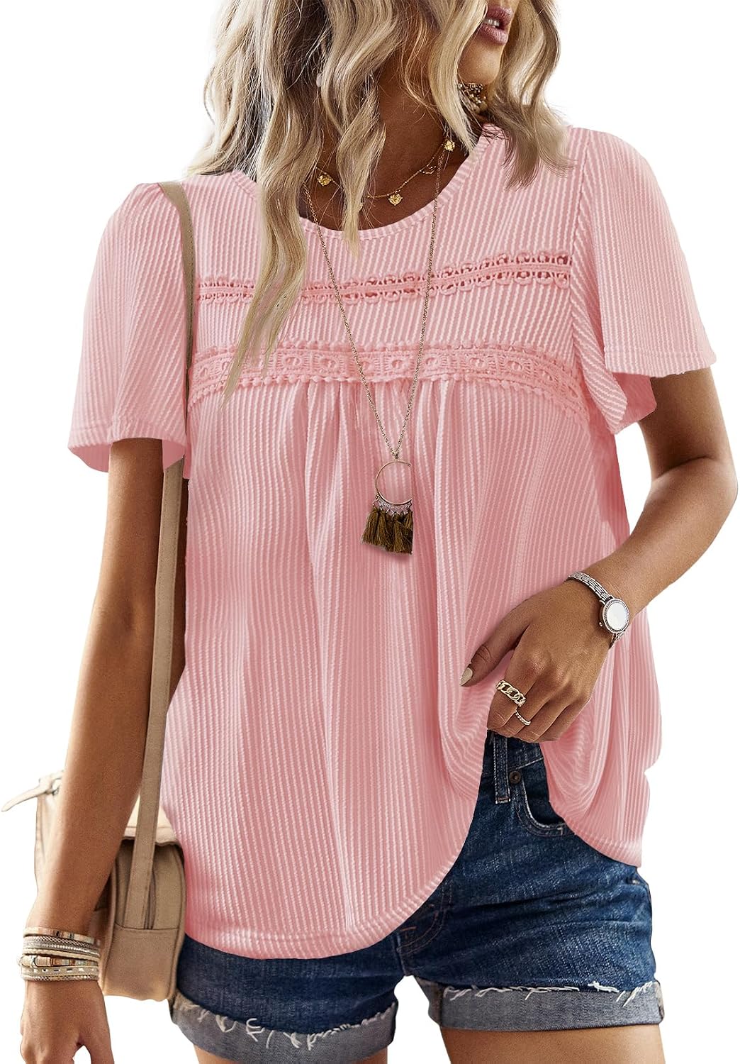 Women's Boho Ribbed Short Sleeve Top - Crochet Lace Trim, Flowy Loose Fit in Sizes XS to 5XL - Hot Pink