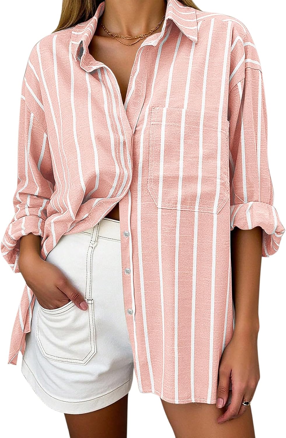 Women's Oversized Linen Blend Shirt - Striped, Long Sleeve Button Down with a Chest Pocket for Beach Days - Small