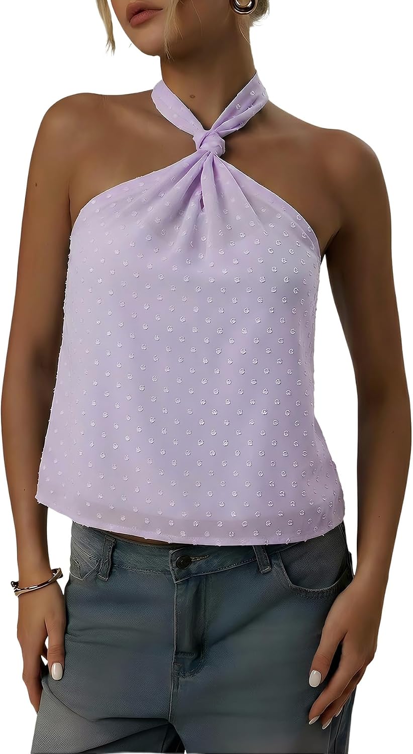 Women's Swiss Dot Halter Top - Tie Back Knot, Sheer Sleeveless Cut for Parties and Concert Nights - Small (9)