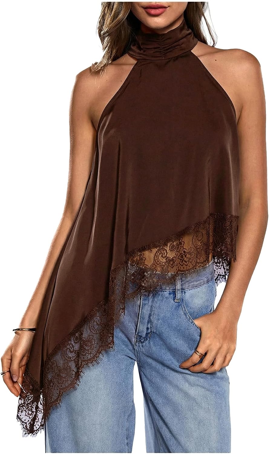 Women's Lace Halter Neck Top - Asymmetrical Hem, Sleeveless Flowy Cut for Date Night and Concerts - Medium