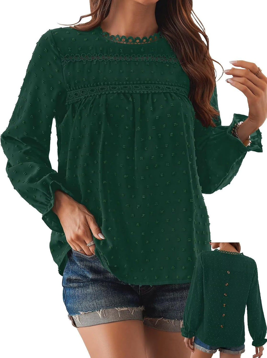 Women's Swiss Dot Ruffle Blouse - Long Sleeve Crew Neck, Eyelet Lace Trim, Flowy Fit in Sizes XS to 5XL - Small