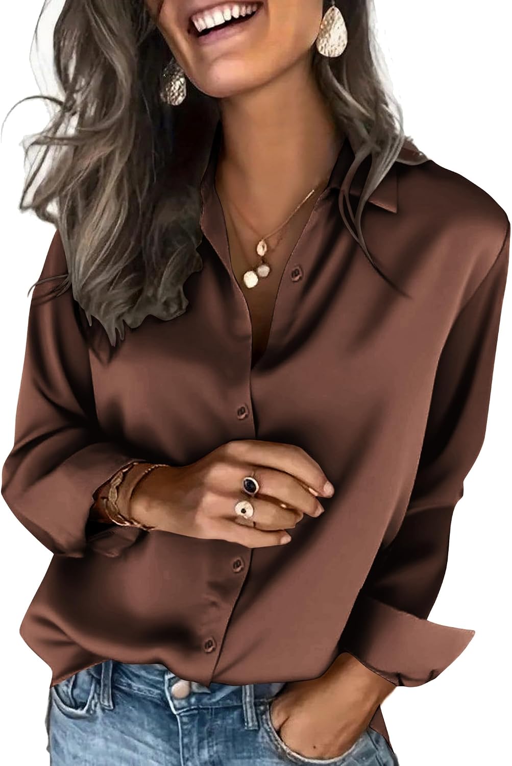 Women's Satin Button Down Blouse - Long Sleeves, Silky Drape, Business Casual Shirt for the Office - Aa-white