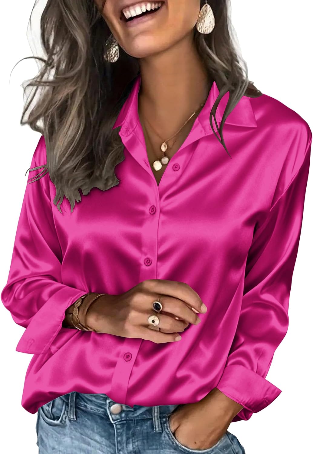 Women's Satin Button Down Blouse - Long Sleeves, Silky Drape, Business Casual Shirt for the Office - Light Tan