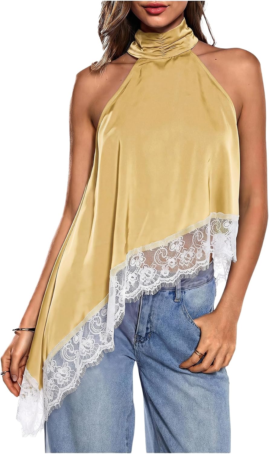 Women's Lace Halter Neck Top - Asymmetrical Hem, Sleeveless Flowy Cut for Date Night and Concerts - Small (16)
