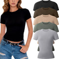 Women's Fitted Basic Tees 3 or 5 Pack - Crew Neck, Stretch Knit, Short Sleeve Tops for Layering and Gym - Medium