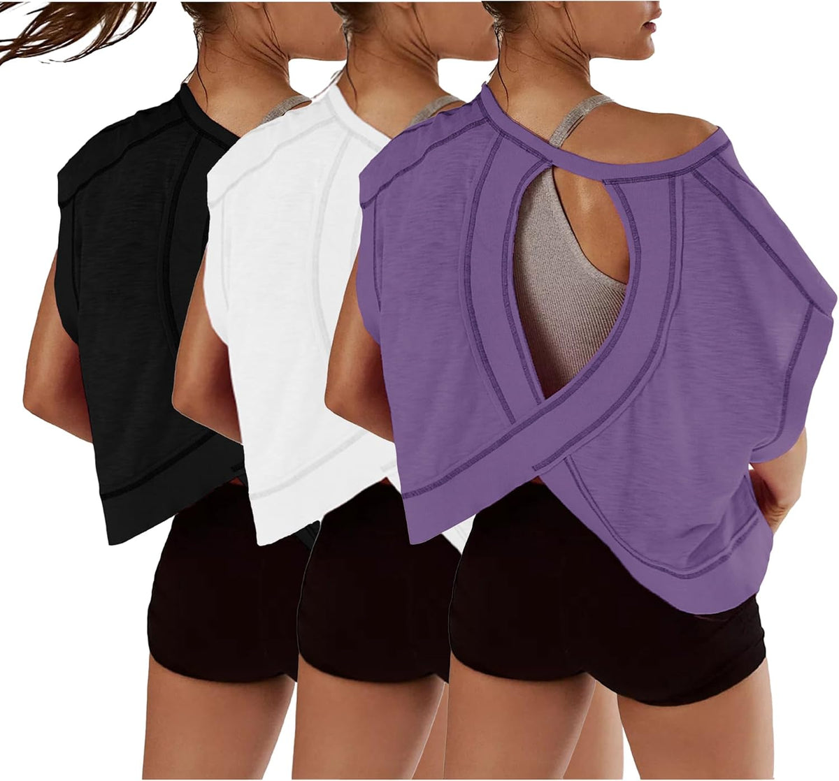Women's Open Back Crop Tops 3 Pack - Short Sleeve Athletic Tees for Gym, Yoga and Running Sessions - White&grey&rosered