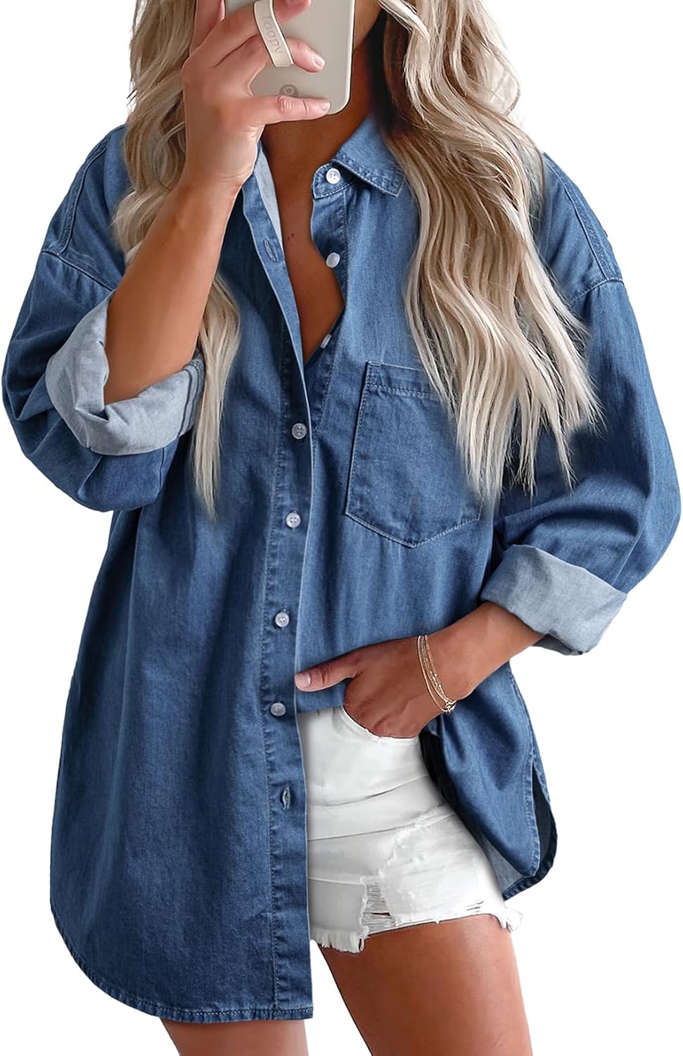 Women's Denim Button Down Shirt - V Neckline, Long Sleeves, Casual Chambray Blouse for Workdays and Weekends - Small