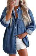 Women's Denim Button Down Shirt - V Neckline, Long Sleeves, Casual Chambray Blouse for Workdays and Weekends - Small