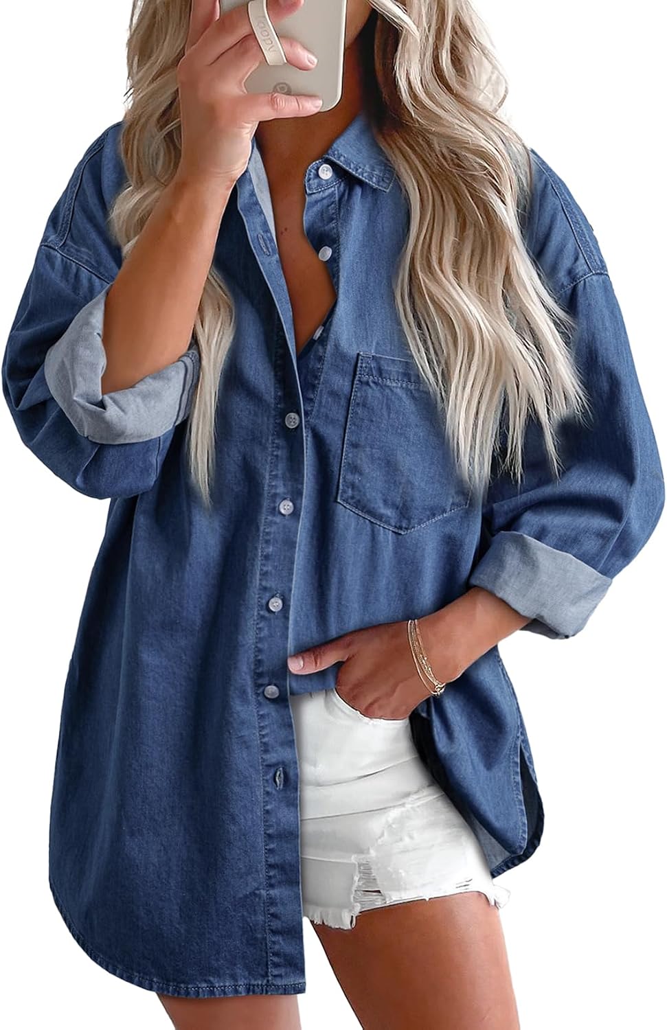 Women's Denim Button Down Shirt - V Neckline, Long Sleeves, Casual Chambray Blouse for Workdays and Weekends - Medium