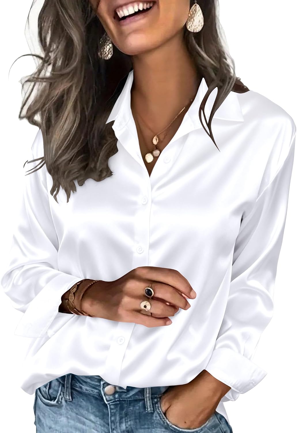 Women's Satin Button Down Blouse - Long Sleeves, Silky Drape, Business Casual Shirt for the Office - Light Tan