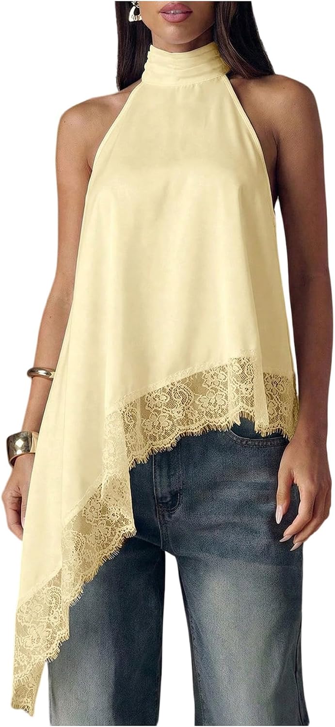 Women's Lace Halter Neck Top - Asymmetrical Hem, Sleeveless Flowy Cut for Date Night and Concerts - Small (12)